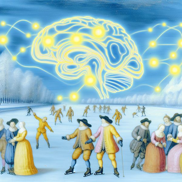 Vrolijke wintertafereel met schaatsers en spelende figuren, geïnspireerd op Hendrick Avercamp, waarin zachte neurale paden en serotonine moleculen subtiel de rol van deze neurotransmitter in stemming en welzijn verbeelden