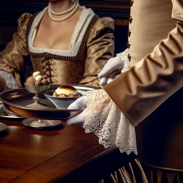 Serveren van dessert in historisch restaurant - eten en drinken geserveerd met elegantie Elegant 17e-eeuwse ober serveert verfijnd dessert op zilveren dienblad in luxe restaurant