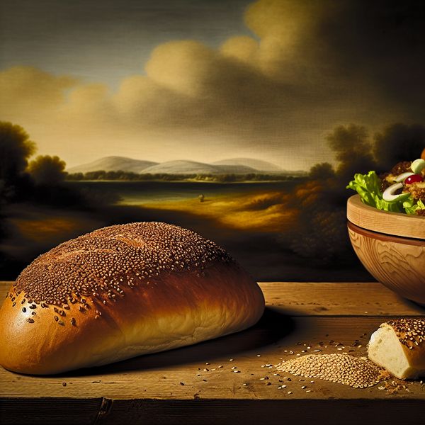 Gedetailleerd stilleven met versgebakken brood en sesamzaadjes op houten tafel, geïnspireerd op Nederlandse meesters