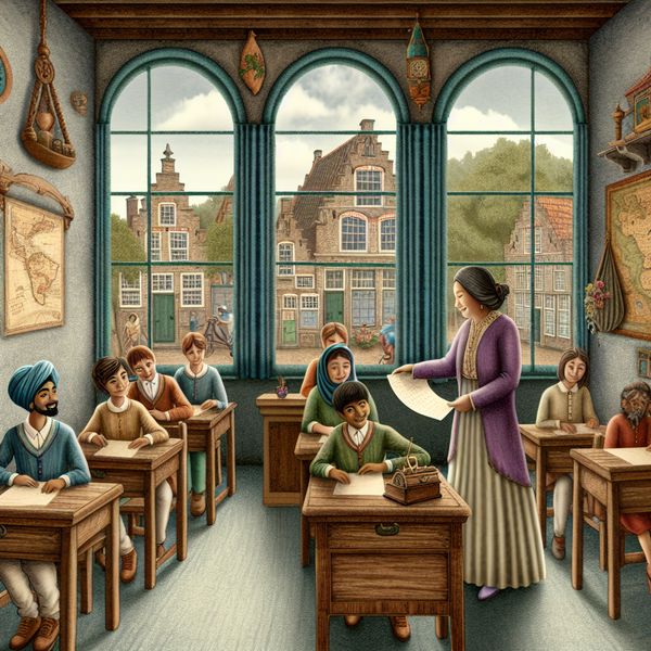 Sfeervol klaslokaal met lerares en studenten bij toetsen Een klaslokaal met een vriendelijke lerares die papieren examens uitdeelt aan nieuwsgierige studenten, in de stijl van Anton Pieck.