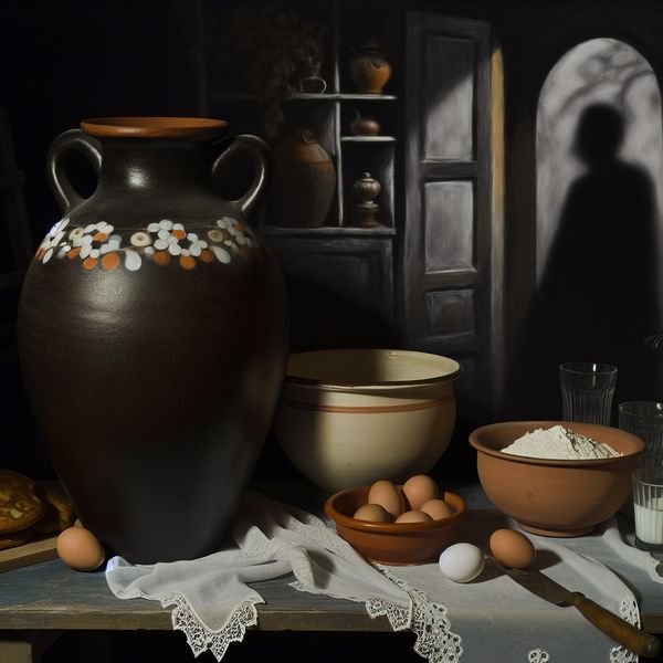 Sfeervolle keuken met karnemelk en pannenkoeken ingrediënten Een sfeervolle keuken met een rustieke tafel vol ingrediënten voor pannenkoeken, inclusief karnemelk, bloem en eieren.