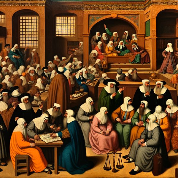 Levendige islamitische rechtbank in de stijl van Jan Steen, waar een qadi Sharia-principes toepast tijdens gemeenschapszaken zoals huwelijkscontracten en erfrecht