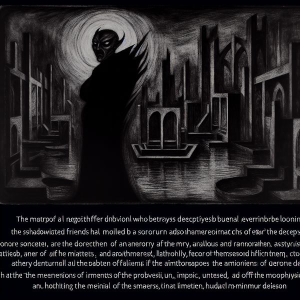 Een sinister figuur in een schaduwrijk milieu met een minachtende houding, omringd door verwrongen schaduwen die verraad symboliseren.