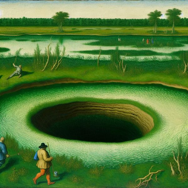 Studie van ecologische impact van een sinkhole in een moeras Een serene afbeelding van een sinkhole in een moerassig gebied, omringd door groen, met wetenschappers die het onderzoeken.