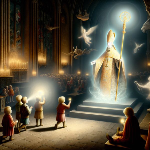 Surrealistische voorstelling van Sint-Nicolaas, de heilige beschermer van kinderen, omringd door aanbiddende kinderen in een mystieke kathedraal, geïnspireerd op Hieronymus Bosch