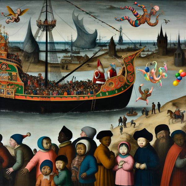 Sinterklaas arriveert met stoomboot vol speelgoed Sinterklaas arriveert op een stoomboot uit Spanje met Bosch-achtige fantasy wezens