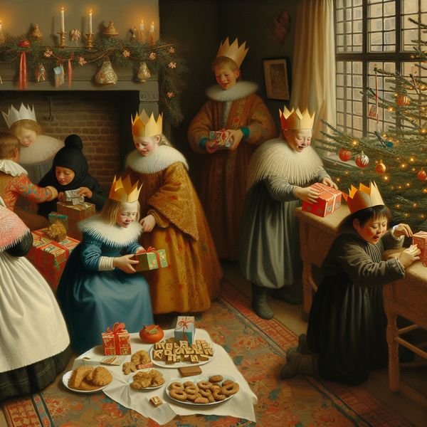 Sinterklaas viering met kinderen in een warme woning Kinderen uitpakken cadeaus onder een versierde Sinterklaas boom in een gezellige woonkamer