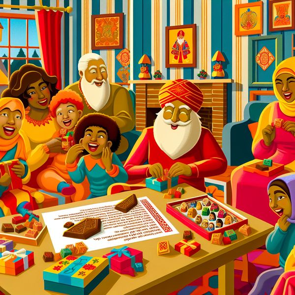 Sinterklaasavond Thuis: Nostalgie en Vreugde in Retro-Futuristische Stijl Familie viert Sinterklaasavond met cadeaus en gedichten in retro stijl