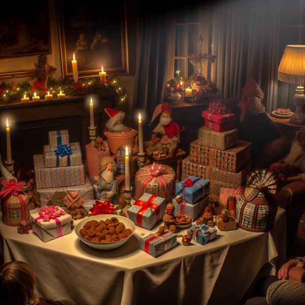 Gezellige woonkamer tijdens Sinterklaasavond, met familie rond een tafel met cadeaus en pepernoten