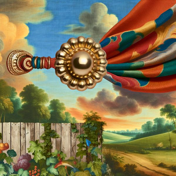 Sjaal met Bommel Over Houten Hek in Serene Landschap Een mooie sjaal met een bommel over een houten hek in een serene landschap