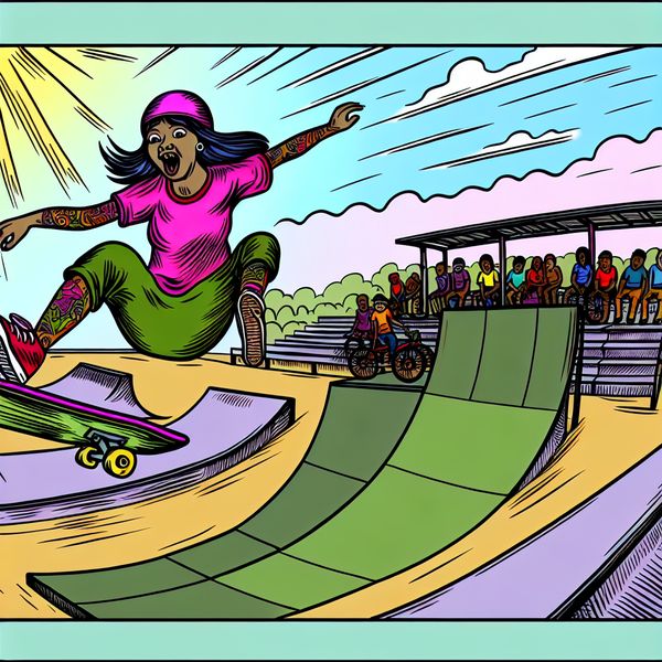 Cartoon skateboarder in de lucht boven een schans in een levendig skatepark, met andere skaters en BMX'ers op de achtergrond