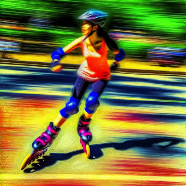 Persoon skeelert met hoge snelheid op een glad pad in het park, omringd door abstracte, kleurrijke achtergrond in expressionistische stijl