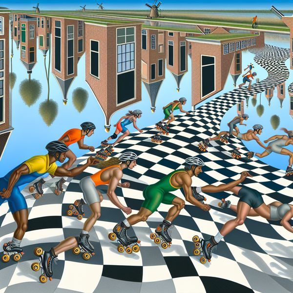 Surrealistische skeelerwedstrijd geïnspireerd op M.C. Escher met atleten in volle snelheid op een onmogelijke, gravitatie-tartende baan omringd door Nederlandse kanalen en windmolens