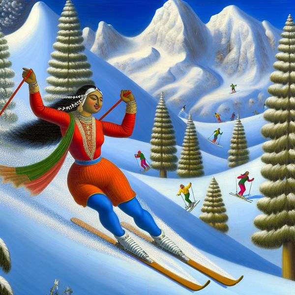 Skiën in de Alpen: Een levendige wintersportervaring Een skier in een felgekleurde outfit skiën op een Alpendal met sneeuw en bergen op de achtergrond