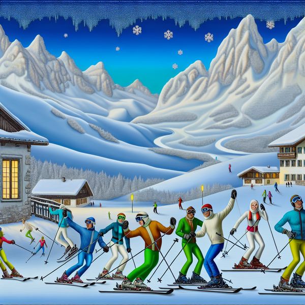 Skiën in een winterlandschap met skihut Skiërs glijden met plezier naar beneden op een besneeuwde helling met een skihut op de achtergrond