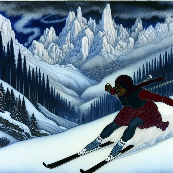 Skiër op een Steile Helling in de Winter Een skiër die snel naar beneden skiën op een steile besneeuwde helling, omringd door bergen.