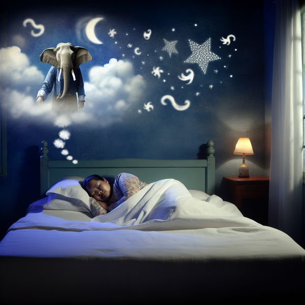 Slaap en Dromen: Vredige Nachtscene met Surrealistische Beelden Een persoon slaapt vredig in een gezellig, zacht verlicht slaapkamer terwijl surrealistische beelden verschijnen boven hun hoofd, waaronder een vliegende olifant.
