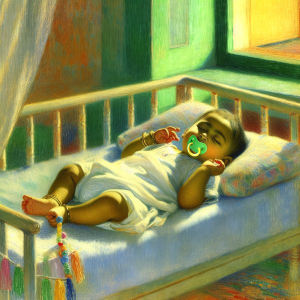 Slaapende Baby in Wieg met Kleurrijke Speen Een vredige baby die slaapt in een gezellige wieg met een kleurrijke speen in de mond.