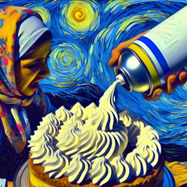 Slagroom spuiten uit spuitbus op taart in Van Gogh-stijl - Nederlandse woordenschat Persoon spuit slagroom uit een spuitbus op een taart in Van Gogh-stijl met dikke, zwierige patronen en levendige kleuren