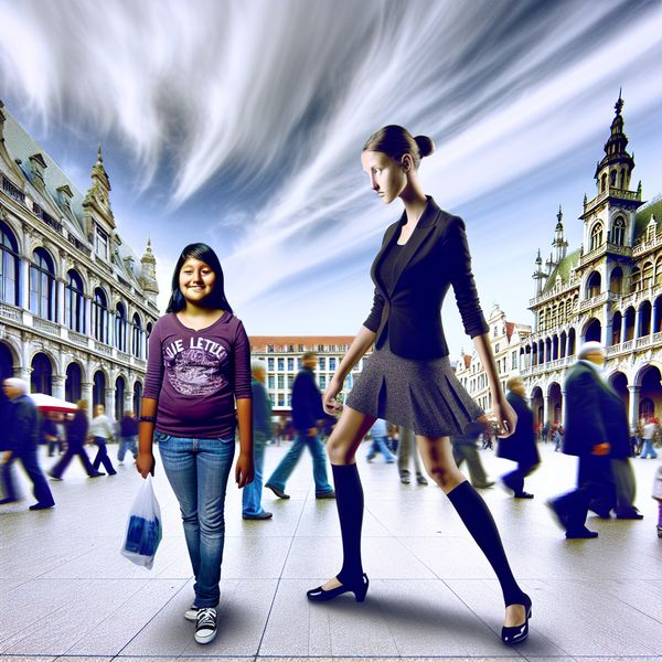 Surrealistisch beeld van een slanke meid en haar grotere vriendin Een slanke jonge meid die naast haar grotere vriendin staat in een drukke openbare ruimte, met monumentale architectuur op de achtergrond.