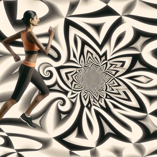 Een slanke vrouw in sportieve kleding die danst in een surrealistisch landschap met geometrische patronen, geïnspireerd door de stijl van M.C. Escher.