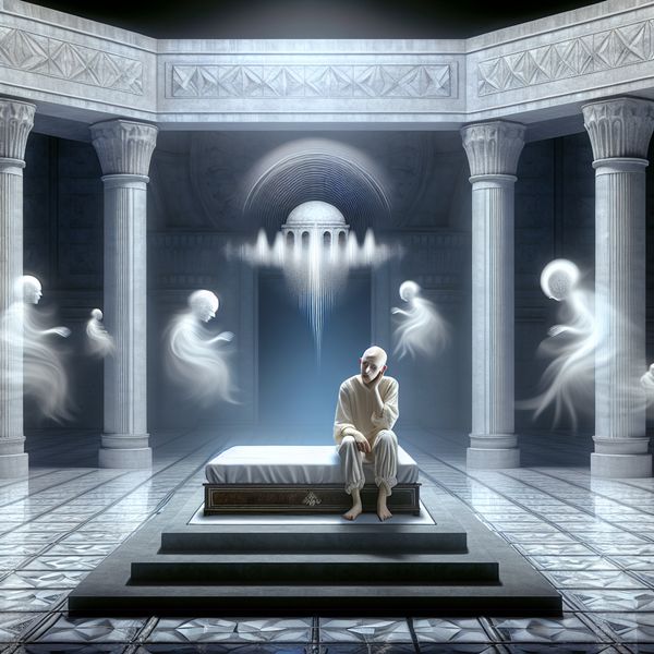 Surrealistische voorstelling van slapeloosheid en zorgen veroorzaken in Nederlands leren Hyperrealistisch surrealistisch tafereel van een persoon met slapeloosheid, zichtbaar gestrest in een lege, geometrische kamer met zwevende symbolen van zorgen en geluidsgolven