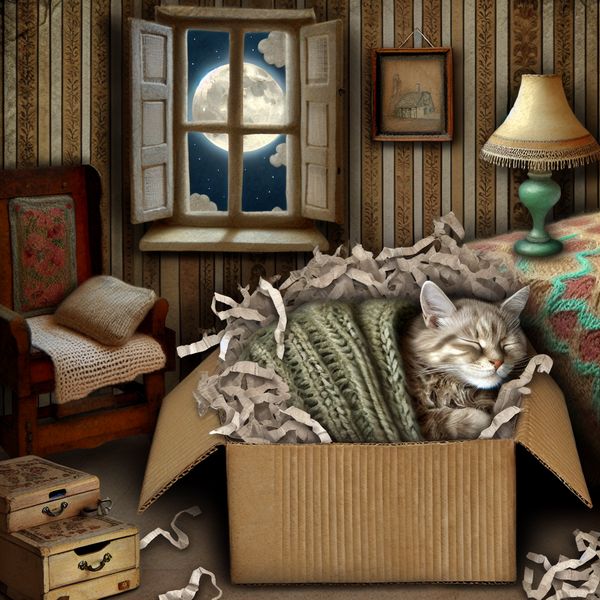 Slapende kat in kartonnen doos in vintage setting Een slapende kat in een kartonnen doos omringd door gescheurd papier en een oude gebreide deken, in een nostalgische, gezellige kamer.