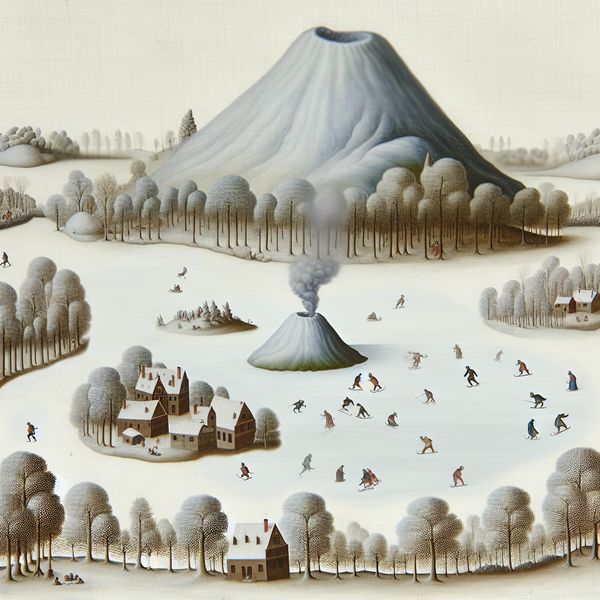 Serene winterlandschap met een slapende vulkaan en schaatsers op een bevroren meer, symboliserend rust en latente aanwezigheid
