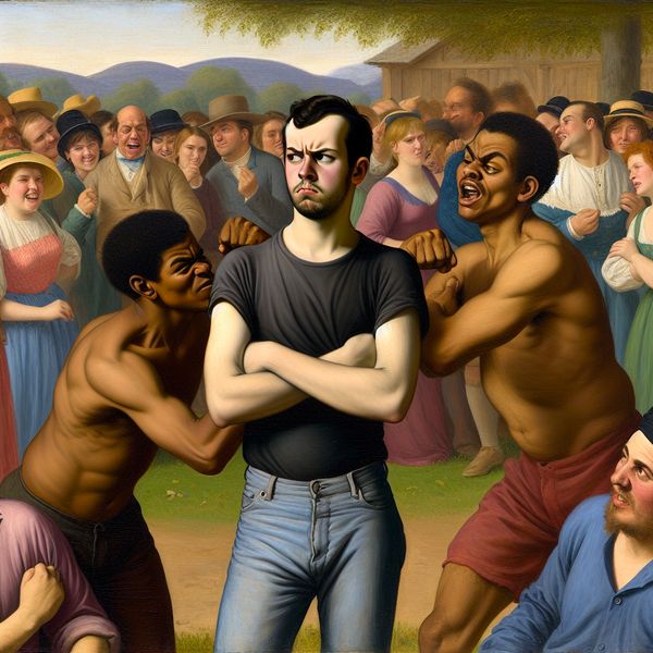 Slecht Gedrag Onder Vrienden: Een Dramatische Illustratie Een jongeman met gekruiste armen en een boos gezicht staat in een park, terwijl hij de vriendelijke gebaren van zijn vrienden negeert en hen teleurgesteld laat voelen.