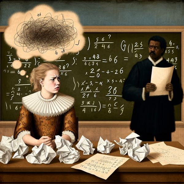 Jonge student met gefrustreerde blik in een klaslokaal, omringd door verfrommelde wiskundepapieren en een verwarde gedachtewolk met cijfers en symbolen, terwijl de leraar bezorgd toekijkt