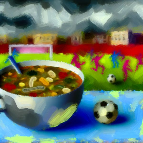 Abstracte kunst over slechte situaties Abstract kunstwerk met een grote kom soep in doffe kleuren, omringd door chaotische kleurspatten die ingrediënten voorstellen, met een vervaagd sportveld op de achtergrond.