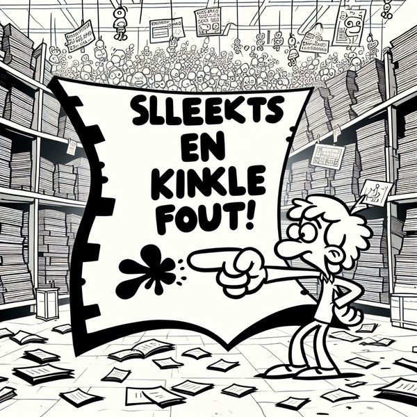 Slechts een kleine fout - Cartoon van een verrassend figuur Een cartoonfiguur kijkt verwonderd naar een groot bord met de tekst 'Slechts een kleine fout', terwijl hij naar een kleine inktvlek op een vel papier wijst.