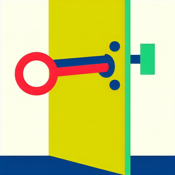 Minimalistische illustratie van een grote, felgekleurde sleutel die een slot opent, stijl van Dick Bruna