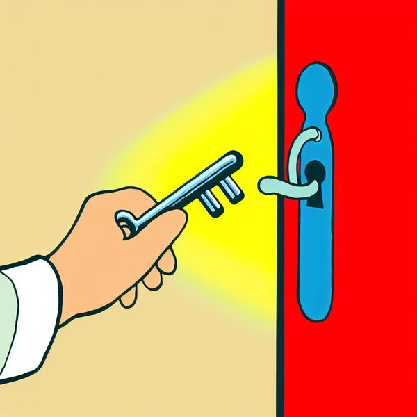 Sleutel in sleutelgat: duidelijke illustratie voor taalonderwijs en sleutelbetekenis Minimalistische illustratie van een hand die een grote metalen sleutel in een gloeiend sleutelgat van een deur steekt, in de stijl van Dick Bruna