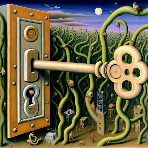 Sleutel in een vast slot: surrealistische kunst geïnspireerd door Bosch Een grote, intricaat ontworpen sleutel vast in een massieve, versierde slot, omgeven door kronkelige klimop en vreemde, fantasieachtige wezens.