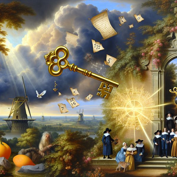 Magische sleutel als oplossing voor wiskundeprobleem in schilderij van Jacob van Ruisdael 17e-eeuws Nederlands landschap met een magische sleutel die een wiskundeopgave oplost, omringd door studenten in historische kleding