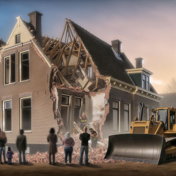 Sloop van een oud gebouw met bulldozer Een bulldozer breekt een oud huis af met puin eromheen, terwijl de lichteffecten een atmosfeer van verandering creëren.