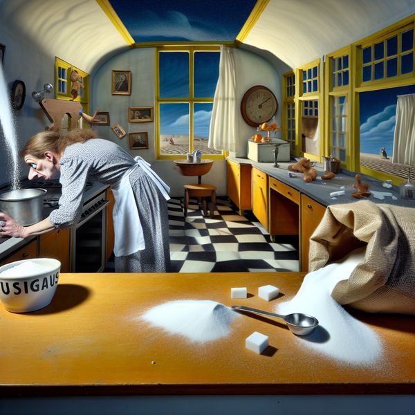 Slordig koken: surrealistische keukenchaos met verwisselde ingrediënten Hyperrealistisch surrealistisch tafereel van een chaotische keuken waar een vrouw slordig kookt met verwisselde ingrediënten en rommel op het aanrecht
