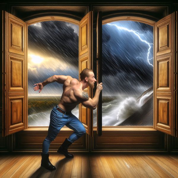 Actie van het sluiten van houten luiken tijdens een storm Een persoon sluit snel houten luiken tijdens een zware storm, met een dramatische lucht op de achtergrond.