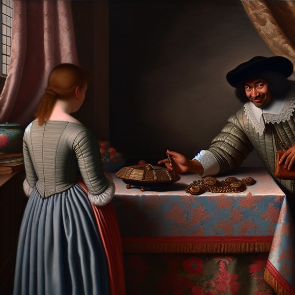 Sluwe verkoper overtuigt klant in klassiek Nederlands schilderij - taaluitdrukking 'te slim af' 17e-eeuws Nederlands interieur met sluwe verkoper en argwanende klant, schilderij in stijl van Gerard ter Borch