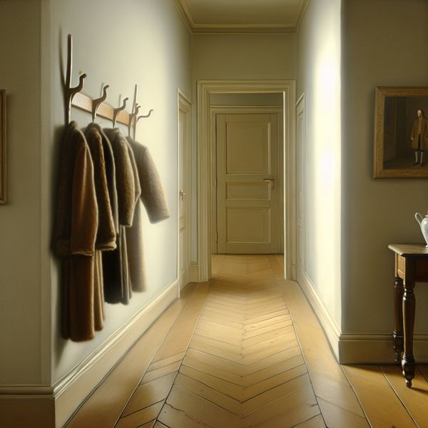 Smalle gang in een huis met houten vloer, jassen aan een kapstok en zacht licht door een raam, in de stijl van Vermeer