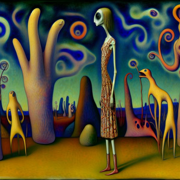 Surrealistische afbeelding van een smalle jongen in een vreemd landschap Een smalle jongen staat in een surrealistisch landschap, met een gedetailleerde jurk en bizarre wezens om haar heen.