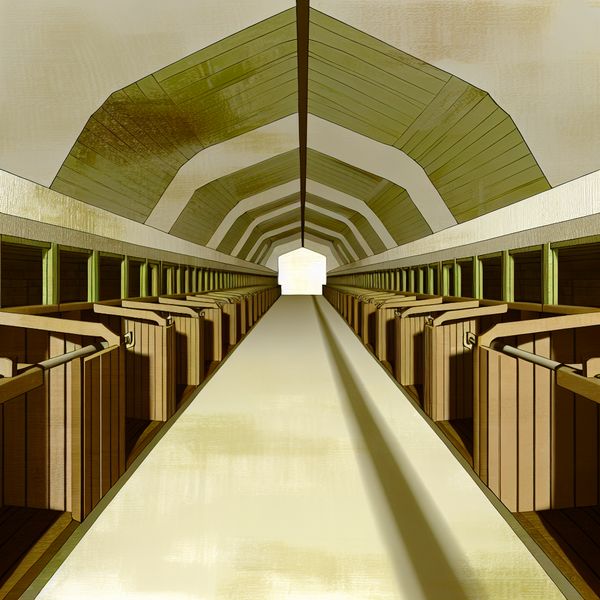 Retro-futuristische illustratie van een smalle gang in een rustieke stal met kalme koeien in houten boxen