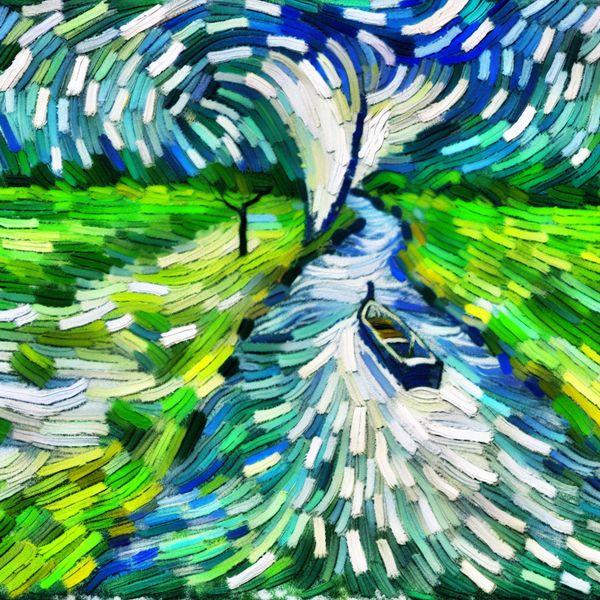 Smalle waterweg tussen weilanden - abstracte weergave van een waterloop Abstract expressionistisch schilderij van een smalle, kronkelende waterweg tussen groene weilanden met een kleine boot