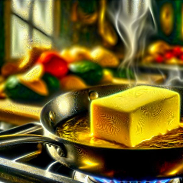 Hyperrealistische afbeelding van smeltende boter in pan Close-up van een glanzende pan op een fornuis met smeltende boter, omringd door onscherpe, kleurrijke groenten op de achtergrond.