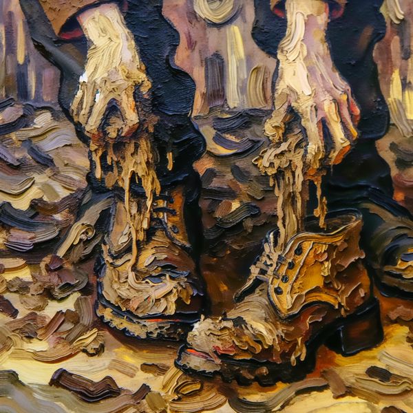 Abstract expressionistisch schilderij van een paar extreem vieze, modderige schoenen die bij een deur worden uitgetrokken, met dikke lagen vuil en smerigheid
