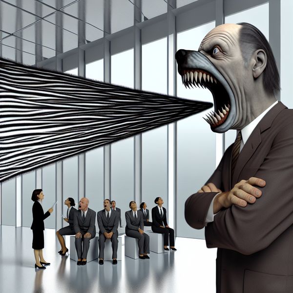Illustratie van 'snauwen': boze baas die werknemers afblaft in surrealistisch kantoor Surrealistische kantoorscène met boze baas die streng commandeert tegen angstige werknemers, illustratie van het woord 'snauwen'