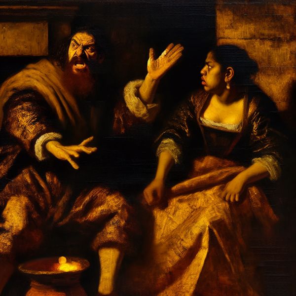 Twee mensen in een gespannen ruzie, waarbij de ene persoon boos snauwt en de ander verbaasd en gekwetst reageert, geschilderd in Rembrandt-stijl met dramatisch licht en donker