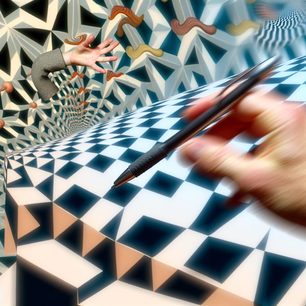 Een persoon reikt snel naar een pen op een chaotische tafel met geometrische illusies in de stijl van M.C. Escher.