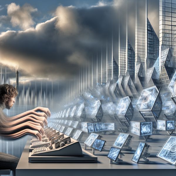 Hyperrealistisch surrealistisch tafereel van een persoon die met hoge snelheid werkt aan een futuristisch bureau met holografische schermen, symboliserend het snelle tempo van technologische verandering